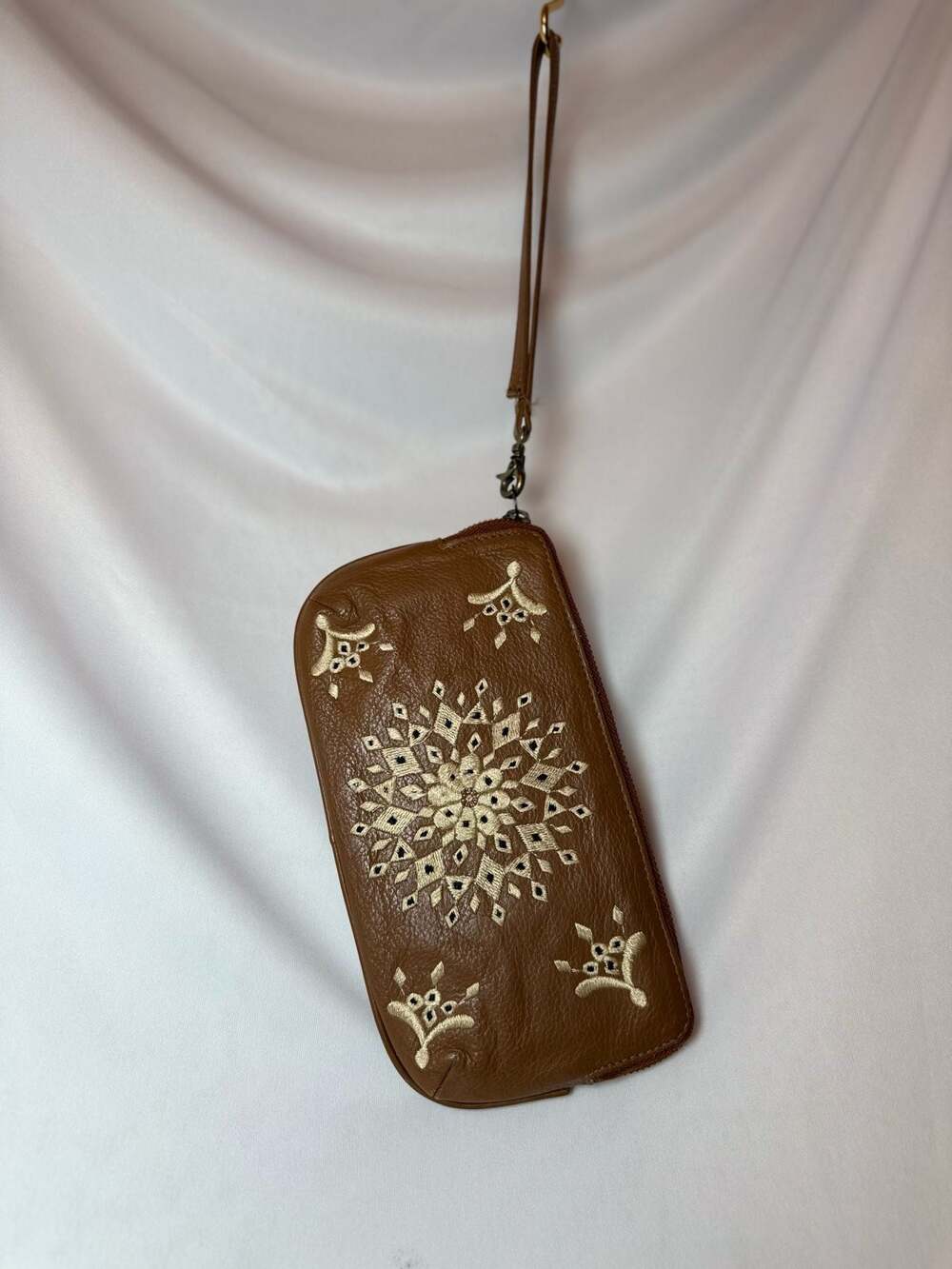 Lucky Brand Casbah Leather Embroidered Wristlet Wallet in Cognac